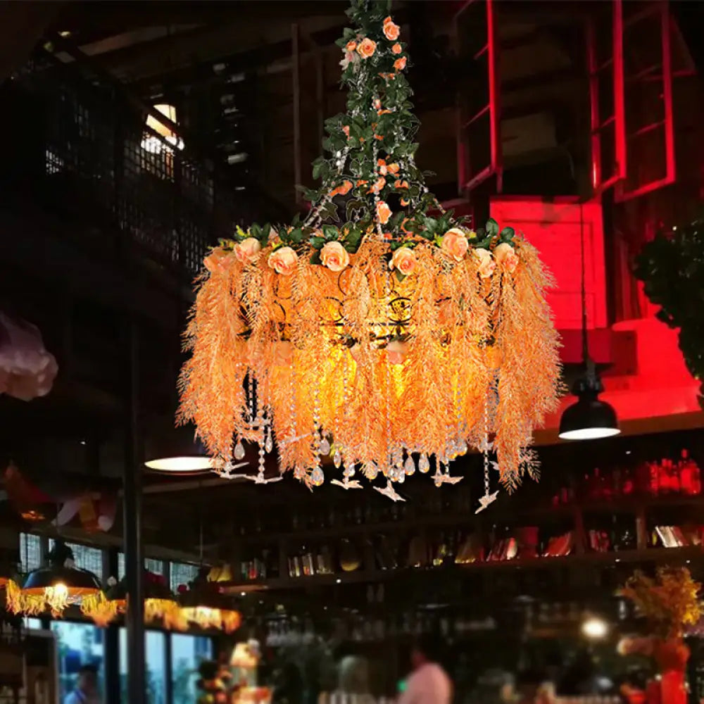 Ceiling - Mounted Chandeliers for Standard CeilingsCeiling - Mounted Chandeliers for Standard CeilingsRound Cage Chandelier Light in Orange Metal with Plant Decor - 4-Bulb Pendant Lamp for Warehouse Ceilings