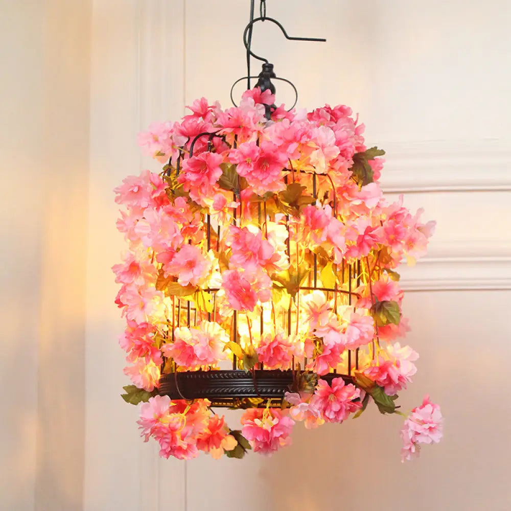 Chandeliers with Metal Frames in Bronze FinishChandeliers with Metal Frames in Bronze FinishFarmhouse Birdcage Chandelier with Pink Flower Accents - 3 Iron Pendant Lights