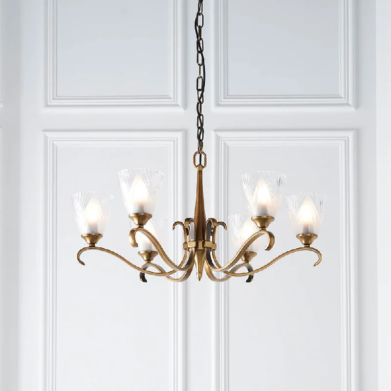Chandeliers with Candle - Style Bulbs for a Classic AestheticChandeliers with Candle - Style Bulbs for a Classic AestheticColumbia Brass 6-Light Pendant & Deco Glass