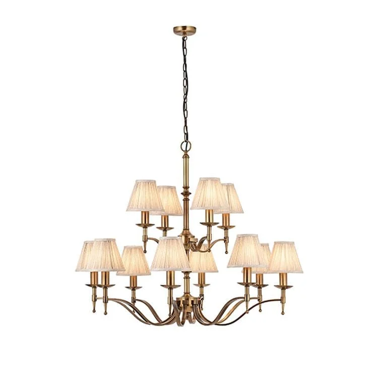Large Chandeliers for Grand Halls and FoyersLarge Chandeliers for Grand Halls and FoyersStanford Antique Brass 12-Light Pendant & Beige Shades