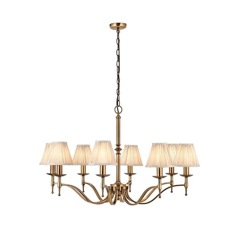 Chandeliers with Metal Frames in Gold FinishChandeliers with Metal Frames in Gold FinishStanford Antique Brass 8-Light Pendant & Beige Shades