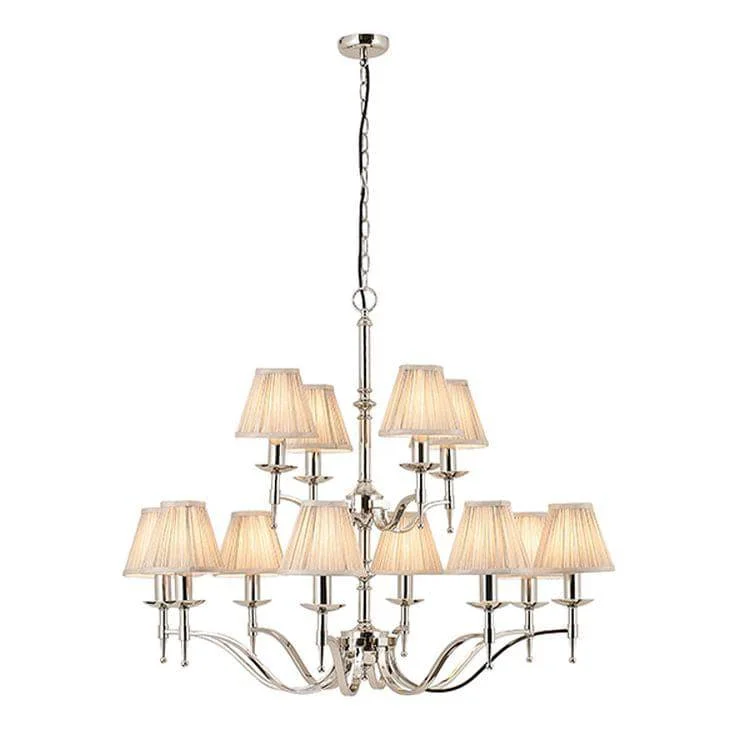 French Country Chandeliers with a Romantic AuraFrench Country Chandeliers with a Romantic AuraStanford Nickel 12-Light Pendant & Beige Shades
